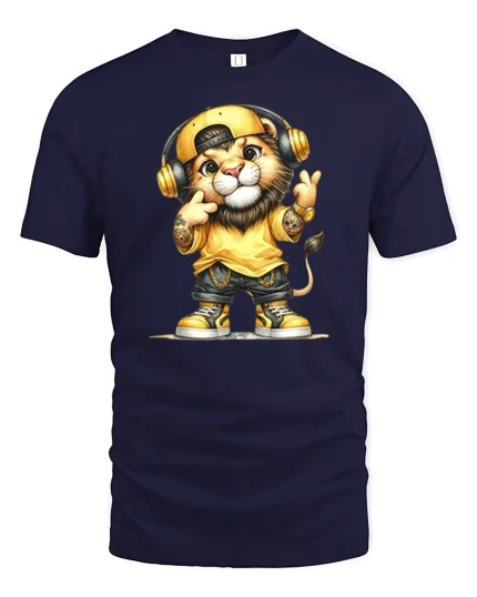 Hip Hop Lion Graphic Tee With Headphones Street Style Art - navy t-shirt on white background