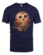 Cute Shy Owl Graphic Tee With Adorable Cozy Cartoon Style - navy t-shirt on white background