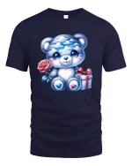 Cute Blue Teddy Bear Graphic Tee With Rose And Gift Art - navy t-shirt on white background