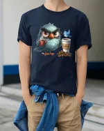 Grumpy Owl Coffee Lover Graphic Tee With Morning Mood Vibes - model wearing navy tee with hands in pockets