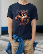 Cute Rebel Owl Graphic Tee With Peace Sign And Cool Attitude - model wearing navy tee with hands in pockets