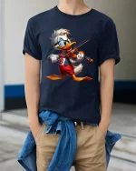 Funny Duck Violin Player Graphic Tee With Musical Energy Style - model wearing navy tee with hands in pockets