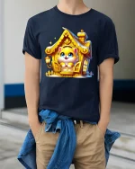 Cute Kitten In Cozy Golden House Illustration Graphic Tee - model wearing navy tee with hands in pockets