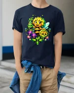 Cute Magic Bee With Honey And Potion Fantasy Illustration Tee - model wearing navy tee with hands in pockets
