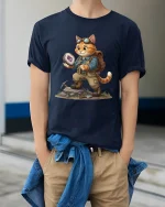 Cute Adventure Cat Rock Collector Fantasy Illustration Graphic Tee - model wearing navy tee with hands in pockets