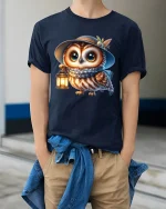 Cute Owl Lantern Graphic Tee With Cozy Nighttime Charm - model wearing navy tee with hands in pockets