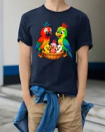 Colorful Parrot Family Nest Illustration Cute Cartoon Graphic Tee - model wearing navy tee with hands in pockets