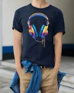 Colorful Music Headphones Illustration Modern Audio Art Graphic Tee - model wearing navy tee with hands in pockets