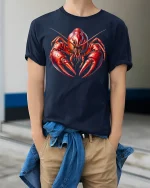 Fierce Red Lobster Illustration Ocean Creature Artistic Graphic Tee - model wearing navy tee with hands in pockets
