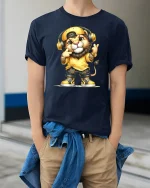 Hip Hop Lion Graphic Tee With Headphones Street Style Art - model wearing navy tee with hands in pockets