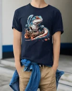 Cute Baby Dragon Fantasy Graphic Tee With Magical Creature Art - model wearing navy tee with hands in pockets