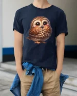 Cute Shy Owl Graphic Tee With Adorable Cozy Cartoon Style - model wearing navy tee with hands in pockets