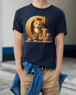 Cute Kitten And Mice Letter C Graphic Tee With Cozy Cartoon Art - model wearing navy tee with hands in pockets