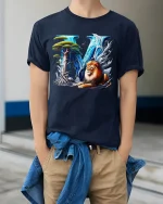 Majestic Lion Letter V Fantasy Graphic Tee With Nature Power Art - model wearing navy tee with hands in pockets