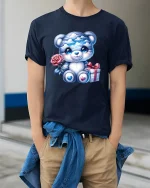 Cute Blue Teddy Bear Graphic Tee With Rose And Gift Art - model wearing navy tee with hands in pockets