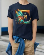 Elegant Letter E Butterfly Fantasy Graphic Tee With Artistic Style - model wearing navy tee with hands in pockets