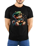 Cute Bagpipe Playing Teddy Bear Graphic Tee With Cozy Charm - model wearing black tee with hands behind back