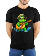 Cute Turtle Playing Guitar Graphic Tee With Happy Music Vibes - model wearing black tee with hands behind back