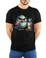 Grumpy Owl Coffee Lover Graphic Tee With Morning Mood Vibes - model wearing black tee with hands behind back
