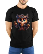 Cute Rebel Owl Graphic Tee With Peace Sign And Cool Attitude - model wearing black tee with hands behind back