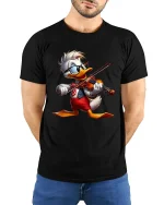 Funny Duck Violin Player Graphic Tee With Musical Energy Style - model wearing black tee with hands behind back