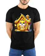 Cute Kitten In Cozy Golden House Illustration Graphic Tee - model wearing black tee with hands behind back