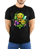Cute Magic Bee With Honey And Potion Fantasy Illustration Tee - model wearing black tee with hands behind back