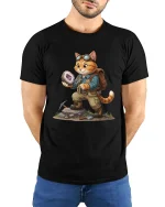 Cute Adventure Cat Rock Collector Fantasy Illustration Graphic Tee - model wearing black tee with hands behind back