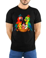 Colorful Parrot Family Nest Illustration Cute Cartoon Graphic Tee - model wearing black tee with hands behind back