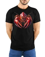 Fierce Red Lobster Illustration Ocean Creature Artistic Graphic Tee - model wearing black tee with hands behind back