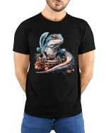 Cute Baby Dragon Fantasy Graphic Tee With Magical Creature Art - model wearing black tee with hands behind back