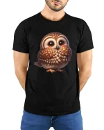 Cute Shy Owl Graphic Tee With Adorable Cozy Cartoon Style - model wearing black tee with hands behind back