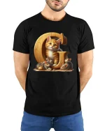 Cute Kitten And Mice Letter C Graphic Tee With Cozy Cartoon Art - model wearing black tee with hands behind back