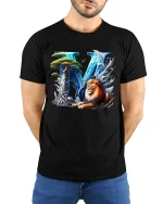 Majestic Lion Letter V Fantasy Graphic Tee With Nature Power Art - model wearing black tee with hands behind back