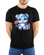 Cute Blue Teddy Bear Graphic Tee With Rose And Gift Art - model wearing black tee with hands behind back