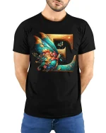 Elegant Letter E Butterfly Fantasy Graphic Tee With Artistic Style - model wearing black tee with hands behind back