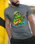Cute Turtle Playing Guitar Graphic Tee With Happy Music Vibes - model wearing grey tee, leaning on column
