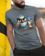 Grumpy Owl Coffee Lover Graphic Tee With Morning Mood Vibes - model wearing grey tee, leaning on column