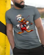 Funny Duck Violin Player Graphic Tee With Musical Energy Style - model wearing grey tee, leaning on column