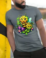 Cute Magic Bee With Honey And Potion Fantasy Illustration Tee - model wearing grey tee, leaning on column