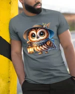 Cute Owl Lantern Graphic Tee With Cozy Nighttime Charm - model wearing grey tee, leaning on column