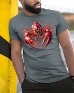 Fierce Red Lobster Illustration Ocean Creature Artistic Graphic Tee - model wearing grey tee, leaning on column
