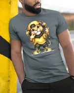 Hip Hop Lion Graphic Tee With Headphones Street Style Art - model wearing grey tee, leaning on column