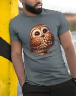 Cute Shy Owl Graphic Tee With Adorable Cozy Cartoon Style - model wearing grey tee, leaning on column