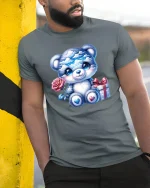 Cute Blue Teddy Bear Graphic Tee With Rose And Gift Art - model wearing grey tee, leaning on column