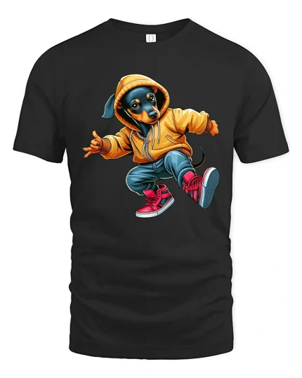 Cool Dancing Dachshund Street Style Graphic Tshirt Fun Vibes - black t-shirt on white background