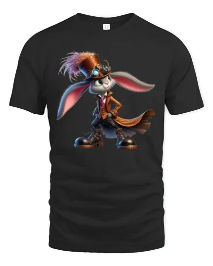 Steampunk Rabbit Adventurer Fantasy Art Graphic Tshirt Whimsy - black t-shirt on white background