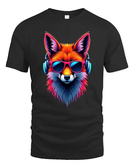 Neon Fox with Headphones Music Art Graphic Tshirt Cool Vibes - black t-shirt on white background