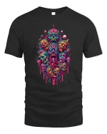 Psychedelic Horror Skull Monster Art Graphic Tshirt Neon Chaos - black t-shirt on white background