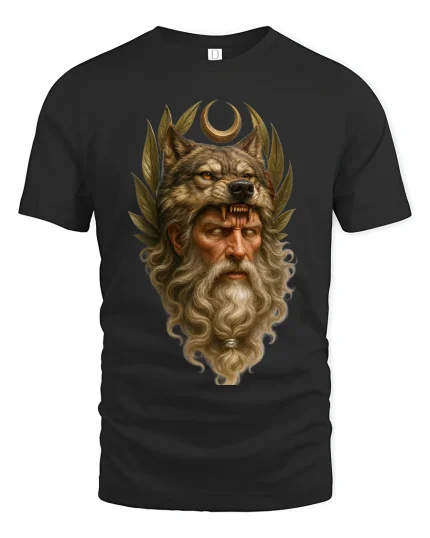 Mystic Wolf King Elder Warrior Art Graphic Tshirt Ancient Power - black t-shirt on white background